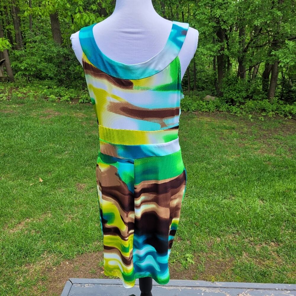 Bisou Bisou Blue & Green Watercolor Dress w/ Copper Embellished Neckline size 14 - Picture 5 of 12